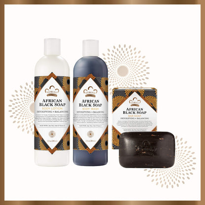 Nubian Heritage Bath and Body Kit Skin Care Products African Black Soap Cleansing and Soothing Pack of 3