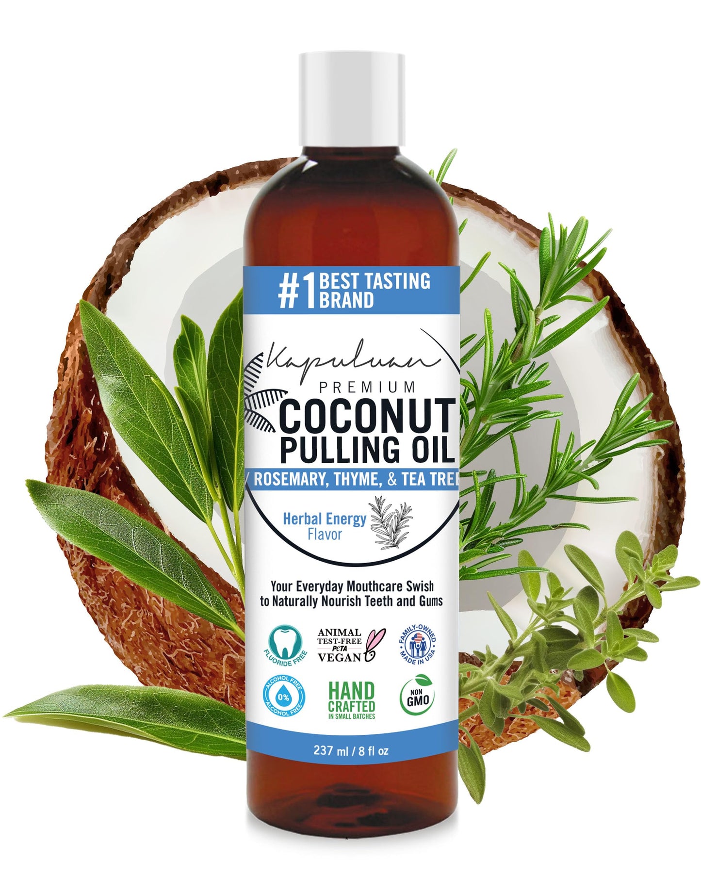 Kapuluan Coconut Oil Pulling for Teeth and Gums Mouthwash, 100% Pure and Natural, Non-GMO, Ayurvedic – Refreshing Rosemary Essential Oil, Thyme Essential Oil, Tea Tree Essential Oil