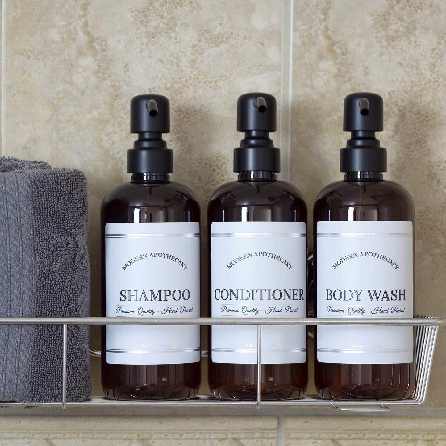 Amber Refillable Shampoo and Conditioner Bottles - Body Wash, Shampoo and Conditioner Dispenser - PET Plastic Shampoo Bottles Refillable with Pump - Waterproof Labels - 16 oz, 3 Pack (Black Satin)