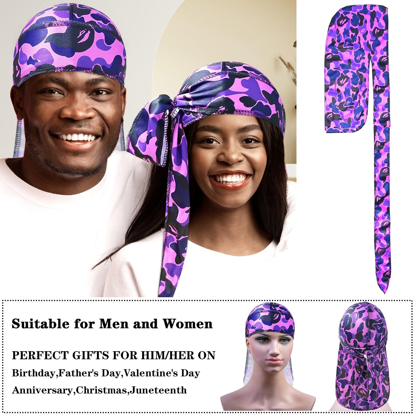 Silk Durag for Men Designer Durag Camo Silky Locs Head Rags Long Tail Durag Hip Hop Turban Bandana for Braids Purple Camouflage