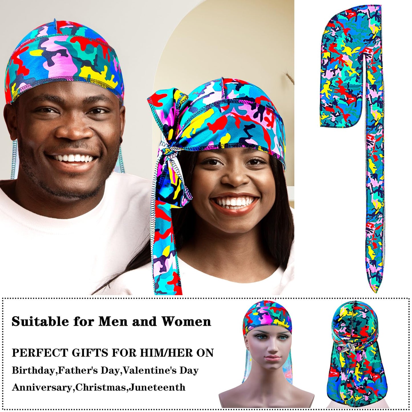 Silky Durag for Men Women Camouflage Do Rag with Long Tail Silky Hip Hop Turban Breathable Wave Cap Full Body Girl Headwrap Joorag