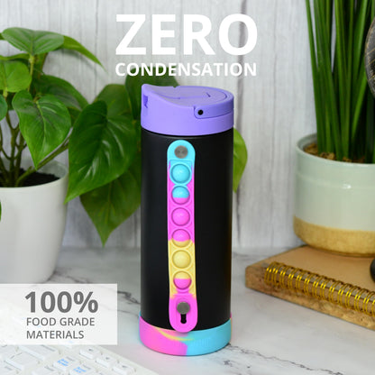 Elemental Iconic Kids Water Bottle with Straw Lid & Stress Relief Pop It Handle, Leak-Proof When Closed, Triple Insulated Kids Stainless Steel Water Bottle For Girls and Boys, 14oz - Black Tie Dye