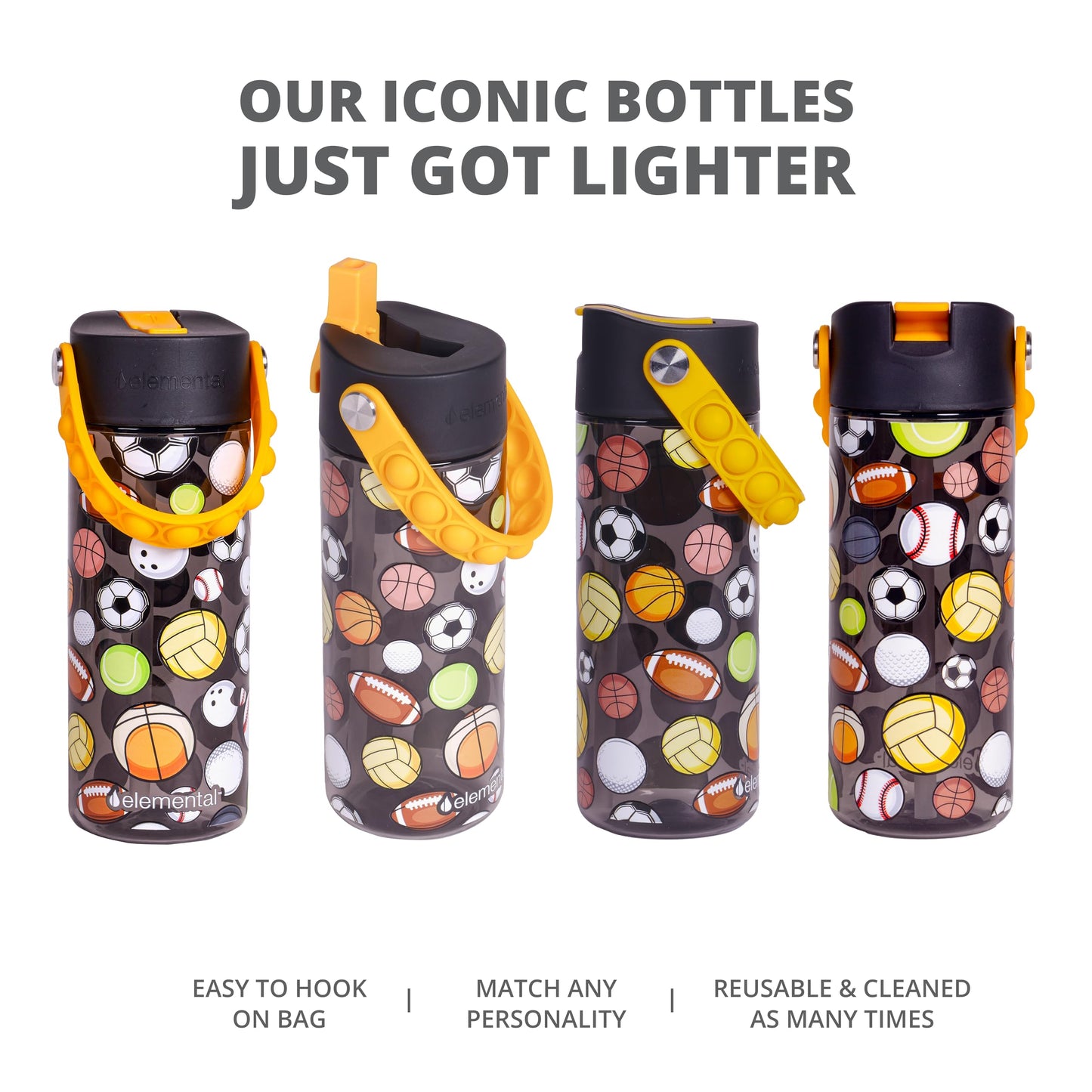 Elemental Leak Proof Water Bottles for Kids - Splash Kids Water Bottle for School with Pop-it Handle - BPA Free Tritan Plastic Reusable Water Bottle with Straw - Sports Ball - 18oz