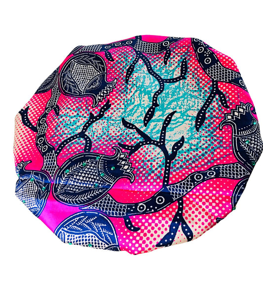 2Chique Boutique Women's African Ankara Print Satin Bonnet Multi Color Patterns (Pink/Multi, Large)