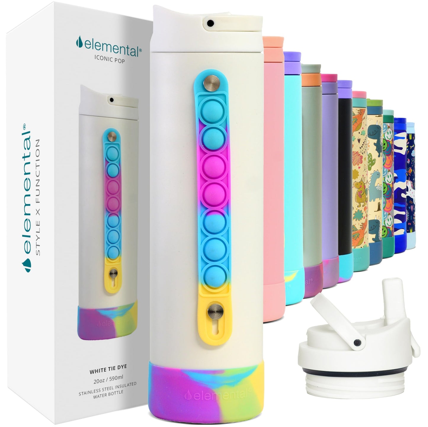 Elemental Iconic Kids Water Bottle with Straw Lid & Stress Reliever Pop It Handle, Leak-Proof When Closed, Triple Insulated Stainless Steel Reusable Thermos Water Bottle, 20oz - White Tie Dye