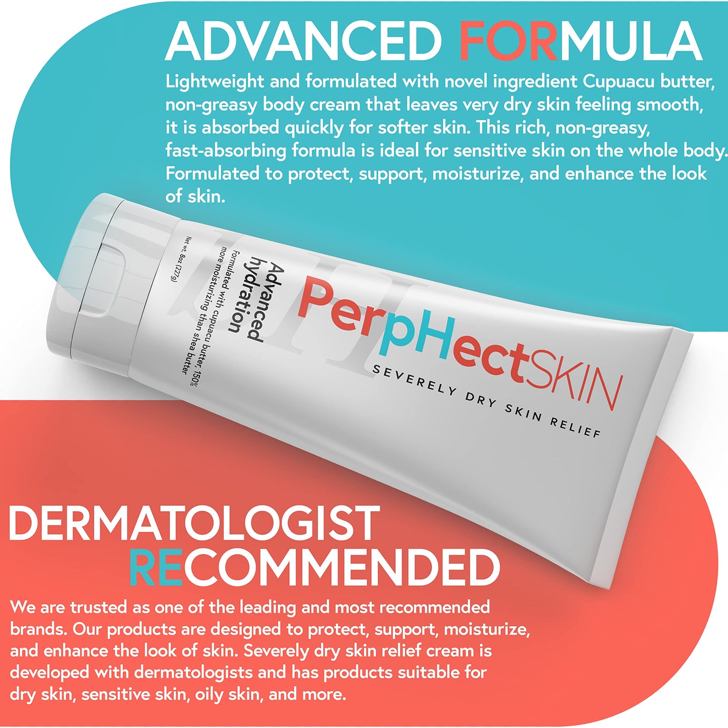 PerpHectSKIN Severely Dry Skin Relief Cream with Cupuacu Butter, Lightweight, Long Lasting Moisturizer for Body & Face, Fragrance-Free Dry Skin Natural Cream 8 Oz