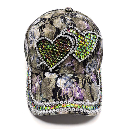 2Chique Boutique Women's Two Hearts Floral Printed Studded Fashion Cap Multicolor