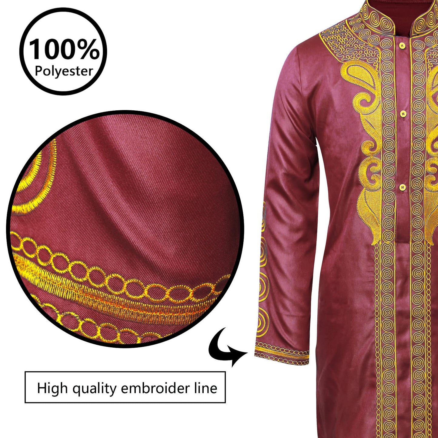 TIDOIRSA African Mens Clothing,Long Sleeve Gold Embroidery Button up Shirt and Pants Men's 2 Piece Dashik Outfit (2XL, Maroon)