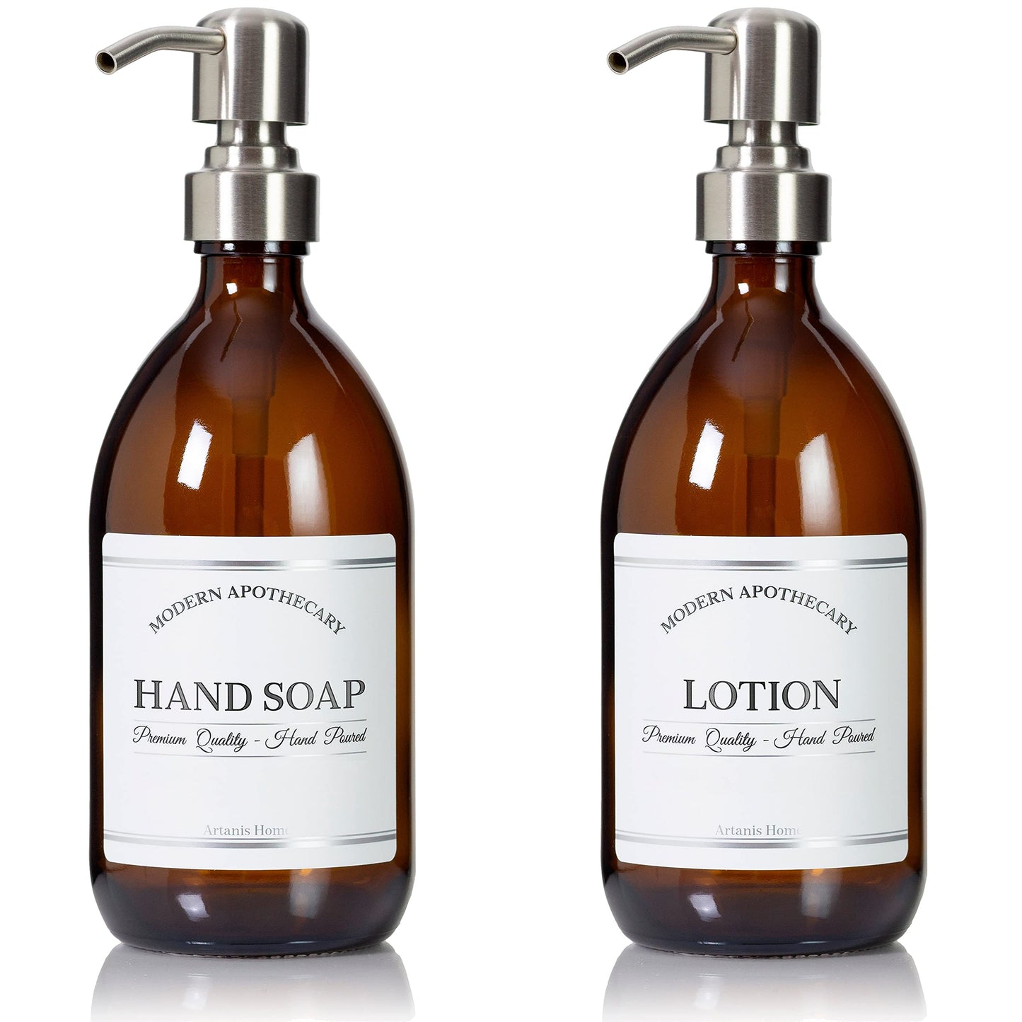 Artanis Home Refillable Amber Glass Hand Soap/Lotion Dispenser 16 oz, 2-Pack – Chrome Accent Waterproof Labeled Apothecary Bottle with Stainless Steel Pumps