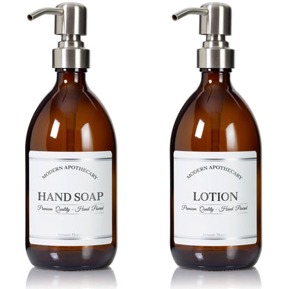 Artanis Home Refillable Amber Glass Hand Soap/Lotion Dispenser 16 oz, 2-Pack – Chrome Accent Waterproof Labeled Apothecary Bottle with Stainless Steel Pumps
