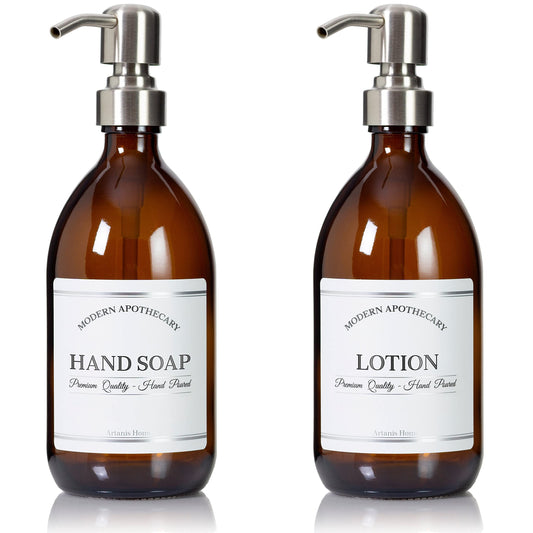 Artanis Home Refillable Amber Glass Hand Soap/Lotion Dispenser 16 oz, 2-Pack – Chrome Accent Waterproof Labeled Apothecary Bottle with Stainless Steel Pumps