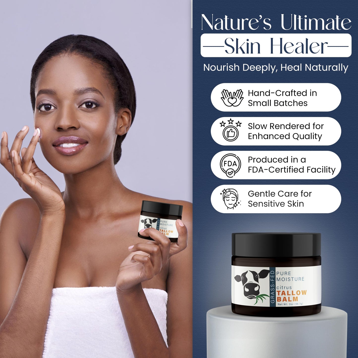 Grass Fed Beef Tallow for Skin - Tallow Face Moisturizer - Beef Tallow Balm for Face - Head to Toe Tallow Skin Care - Grass Fed Beef Tallow Moisturizer - Organic Beef Tallow for Face (Citrus)