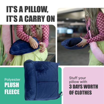 Take OFF Luggage - Compact Travel Blanket and Pillow, Super Soft Stuffable Bag with Zipper Pockets & a Keychain, Fits 3 Days of Essentials, Carry on Airplanes, Cars and Road Trip Accessories, Blue