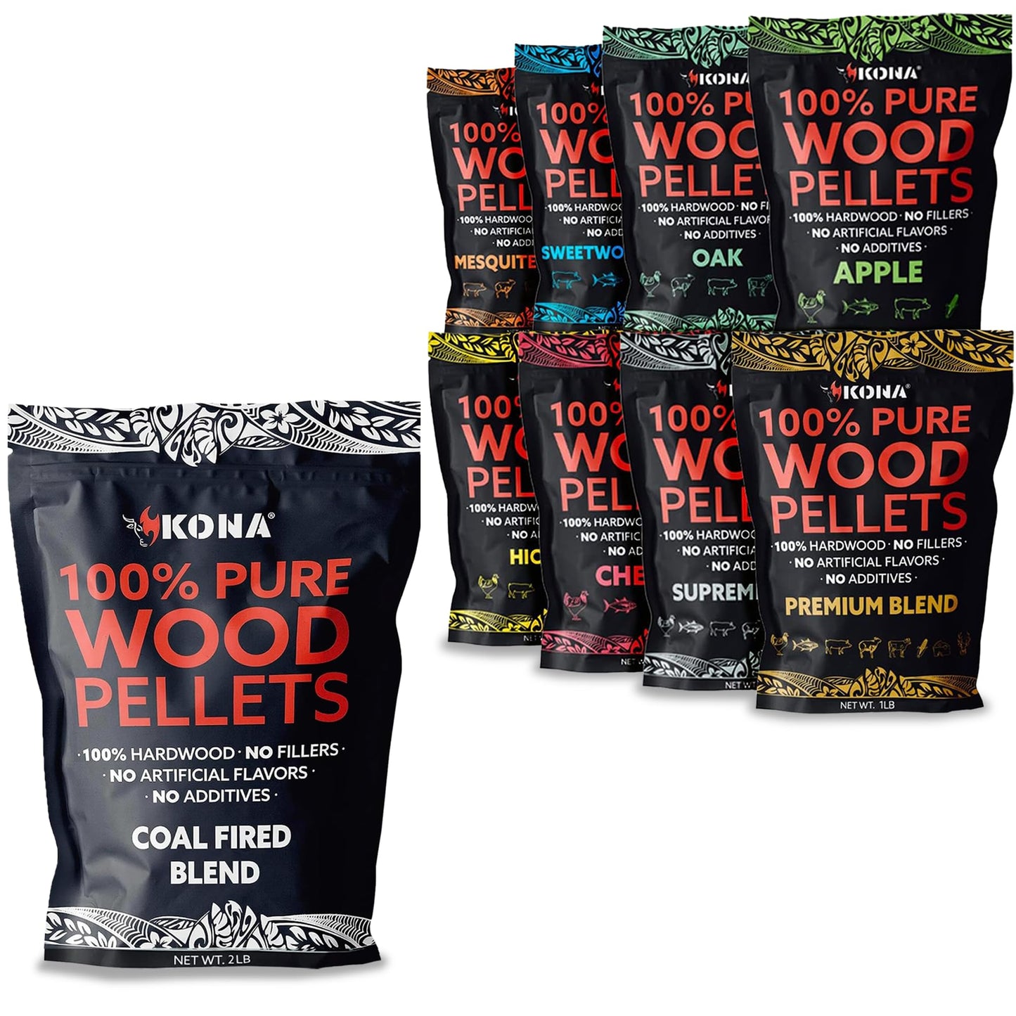 (Set of 9) Variety Wood Smoker Pellets - Premium, 100% Hardwood, Smoker Pellets, 8 Bag Variety Pack (1 lb) & Coal Fired Pellets (2 lbs) - for Grills, Smokers, & Pizza Ovens