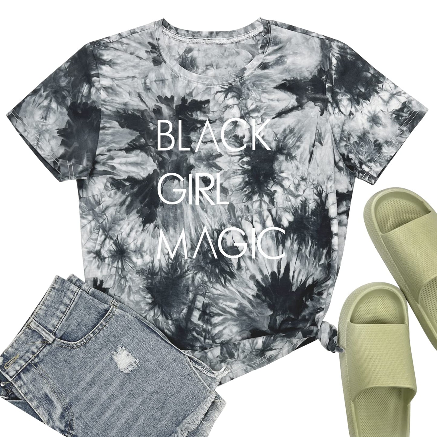 BLACKOO Women Cute Graphic Tie Dye Tees White Black Medium