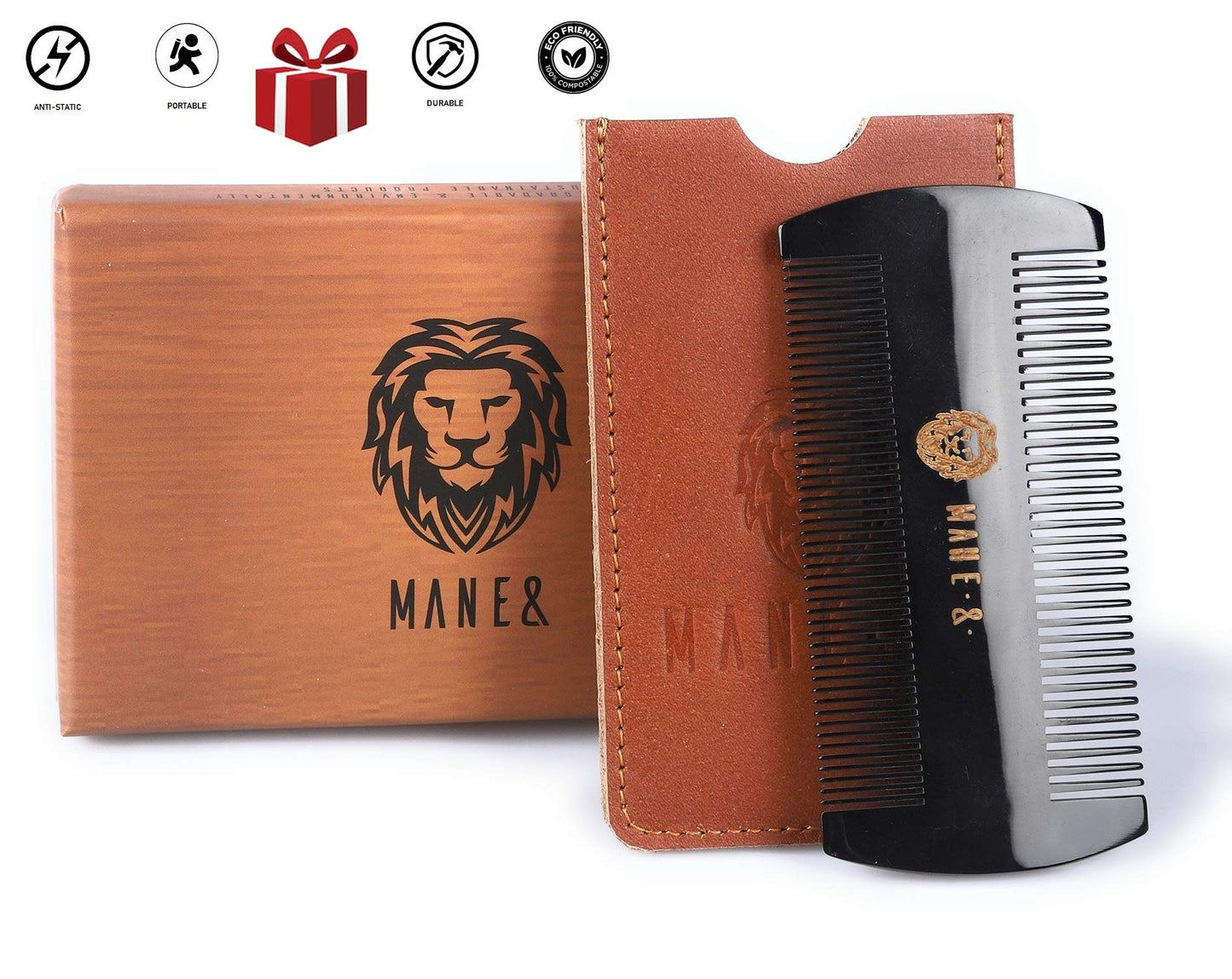 Premium 100% Oxhorn Dual-Action Beard Comb with Genuine Leather Case – the Perfect Beard Grooming Gift for Men by Man & Mane.