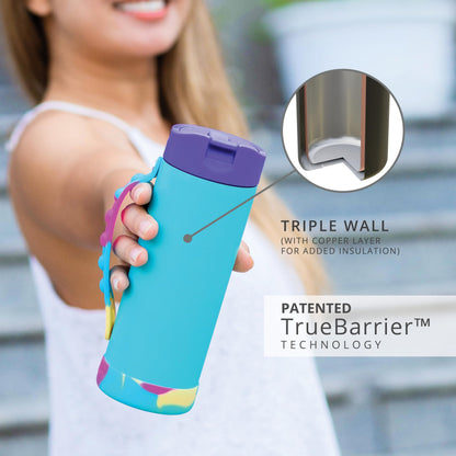 Elemental Iconic Kids Water Bottle with Straw Lid & Stress Relief Pop It Handle, Leak-Proof When Closed, Triple Insulated Kids Stainless Steel Water Bottle For Girls and Boys, 14oz - Blue Tie Dye