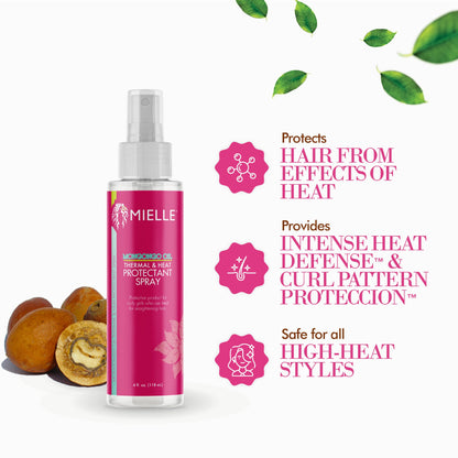 Mielle Mongongo Oil Thermal & Heat Protectant Spray, Protects Hair from Heat Damage, Intense Heat Defense, Curl Pattern Protection, Safe for All Hair Types, 4 Ounce