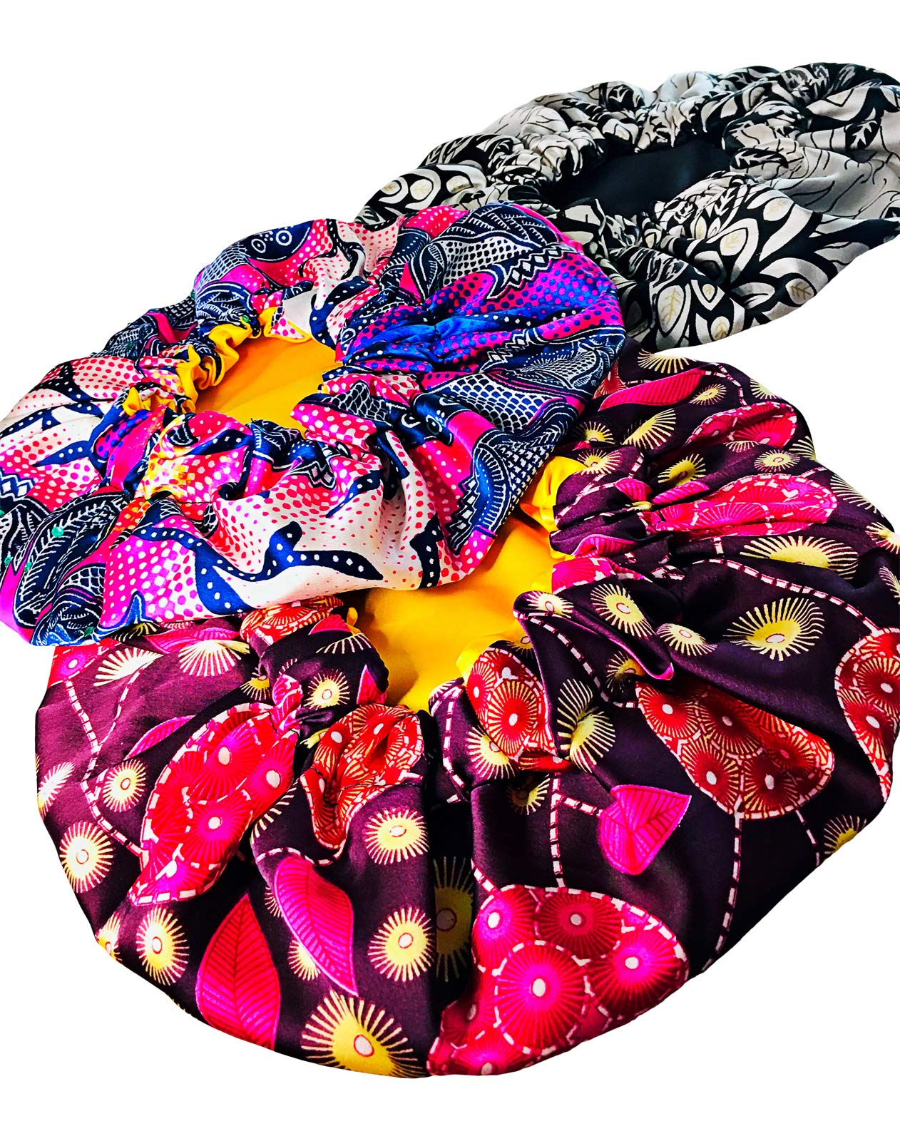 2Chique Boutique Women's African Ankara Print Satin Bonnet Multi Color Patterns (Gold/Multi, Large)