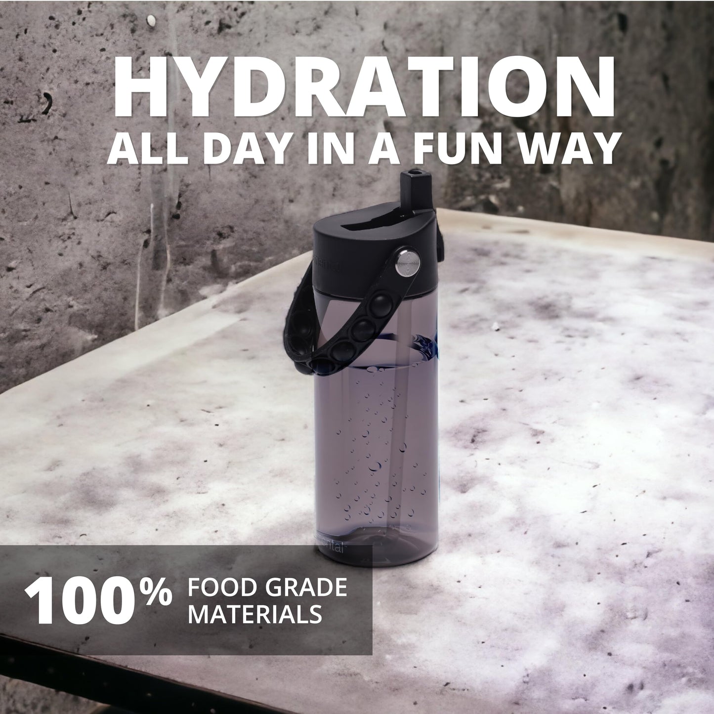 Elemental Leak Proof Water Bottles for Kids - Splash Kids Water Bottle for School with Pop-it Handle - BPA Free Tritan Plastic Reusable Water Bottle with Straw - Black - 18oz