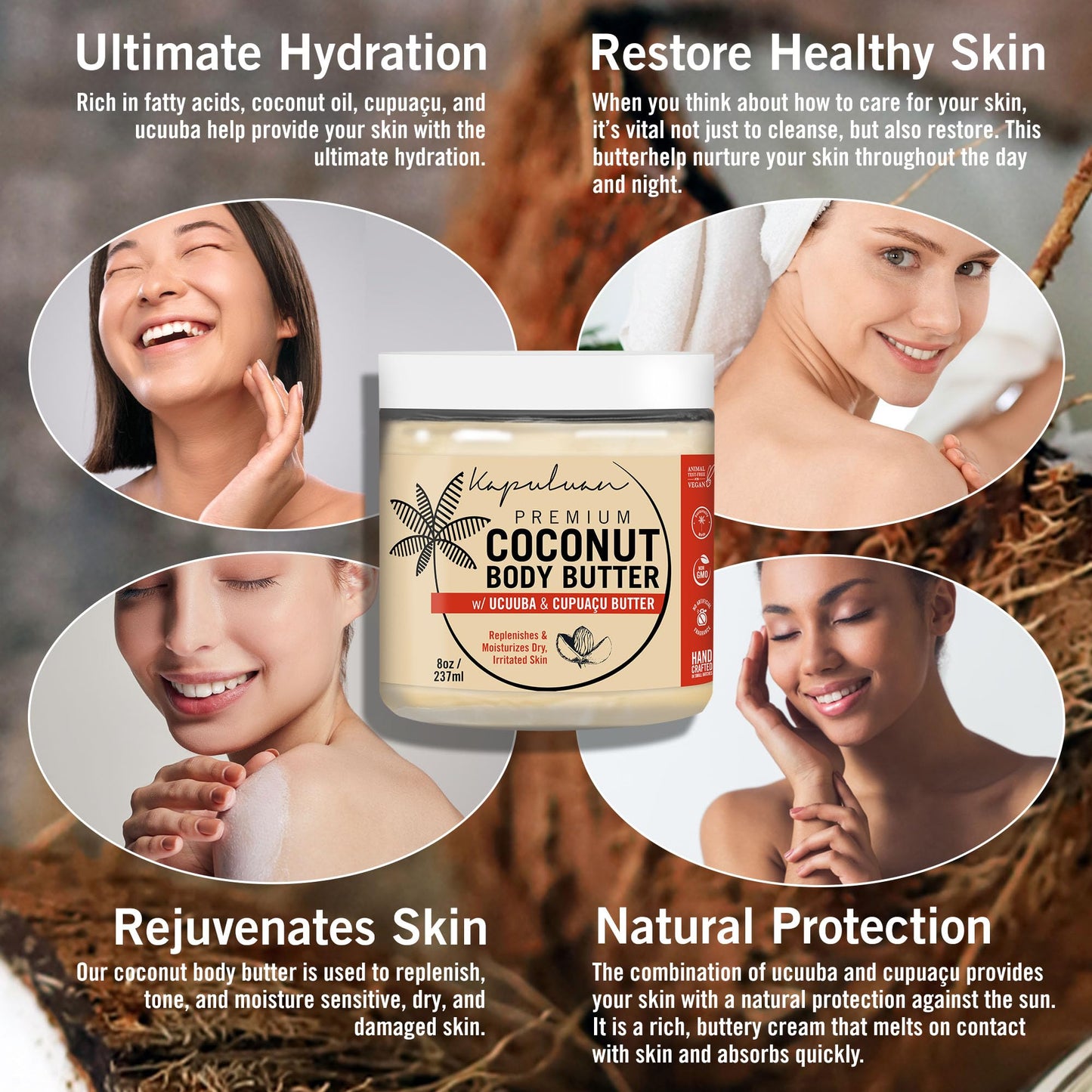 Kapuluan Coconut Body Butter for Women Dry Skin, Body Butter with All Natural Coconut Oil, Ucuuba Butter & Cupuaçu Butter,Body Cream Whipped Body Butter for Women.