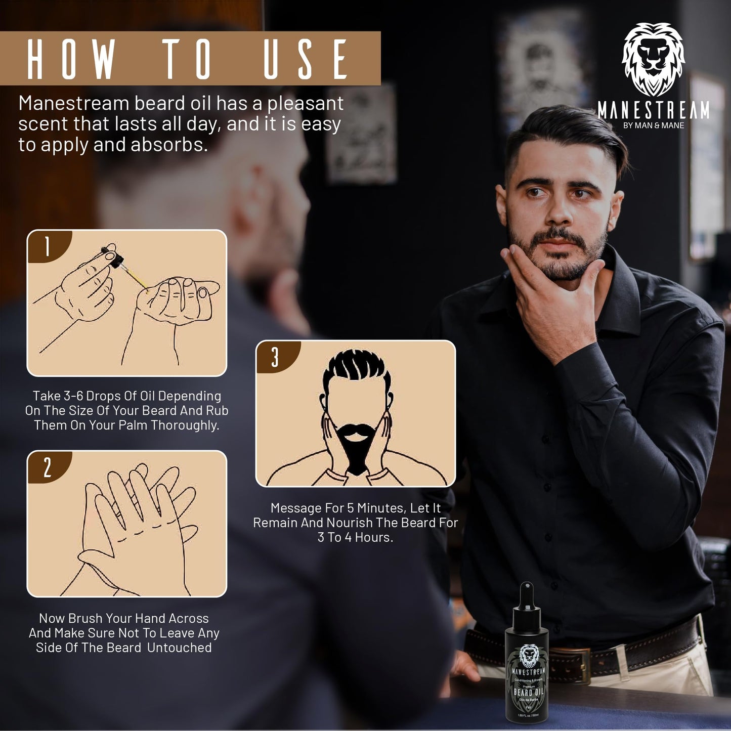 MAN & MANE Manestream Beard Oil for Men, Beard Growth Oil, Hair Growth Oil with Jojoba, Macadamia, Sunflower, Olive Oils - 50ml (Fall (Sandalwood))