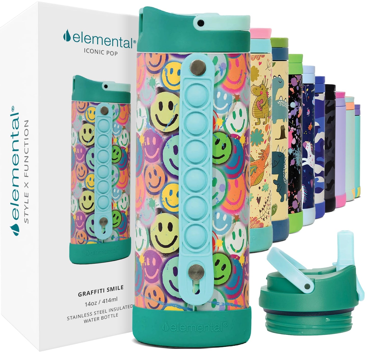 Elemental Iconic Kids Water Bottle with Straw Lid & Stress Relief Pop It Handle, Leak-Proof When Closed, Triple Insulated Kids Stainless Steel Water Bottle For Girls and Boys, 14oz -Graffiti Smile