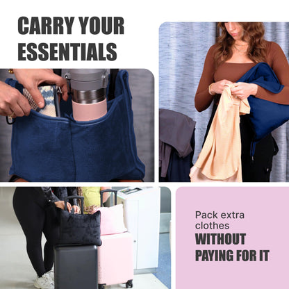 Take OFF Luggage - Compact Travel Blanket and Pillow, Super Soft Stuffable Bag with Zipper Pockets & a Keychain, Fits 3 Days of Essentials, Carry on Airplanes, Cars and Road Trip Accessories, Blue