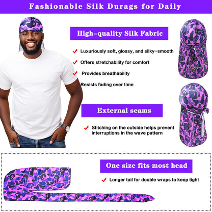 Silk Durag for Men Designer Durag Camo Silky Locs Head Rags Long Tail Durag Hip Hop Turban Bandana for Braids Purple Camouflage