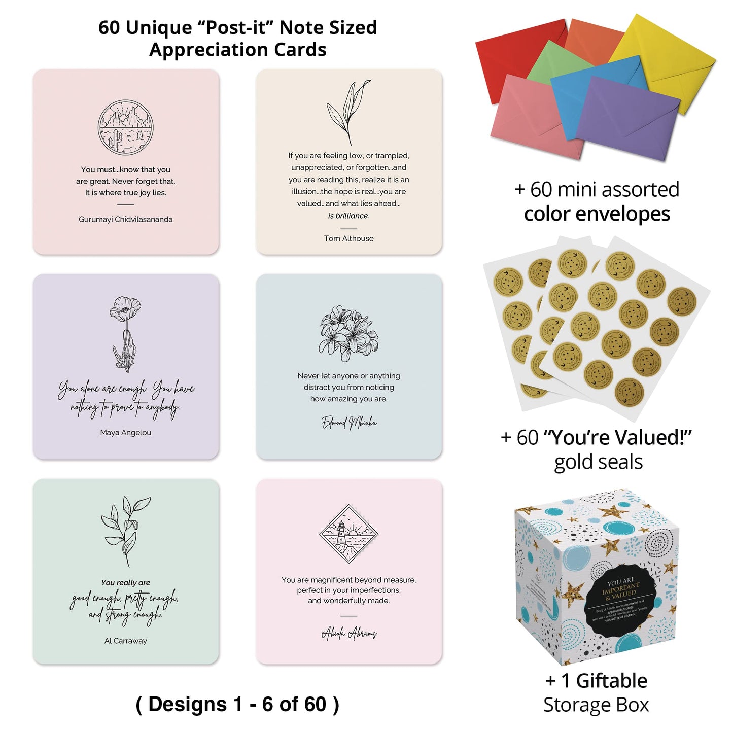 Dessie 60 You Are Important Encouragement Motivational Quote Cards. Inspirational Positive Affirmations. Post-It Note Size Cards with Envelopes and Sealing Stickers. Appreciation Cards. Thoughtful