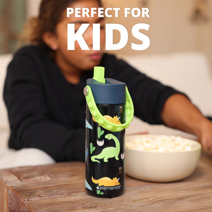 Elemental Leak Proof Water Bottles for Kids - Splash Kids Water Bottle for School with Pop-it Handle - BPA Free Tritan Plastic Reusable Water Bottle with Straw - Dinosaur - 18oz