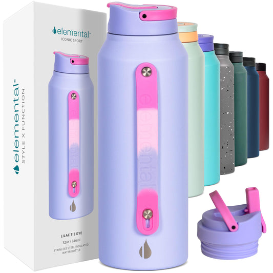 Elemental Iconic Stainless Steel Water Bottle with Straw - 32 oz Leak Proof Triple Wall Insulated Water Bottles for Travel and Sports - Reusable Gym Water Bottle with 2 Straws - Lilac Tie Dye