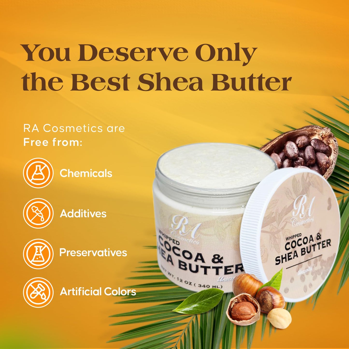 RA COSMETICS Whipped Cocoa & Shea Butter, Unscented - 12oz | 100% Pure & Natural Skin Moisturizer with Coconut Oil | Vitamin-Rich Body Butter for Soft, Supple, and Radiant Skin & Healthy Hairs