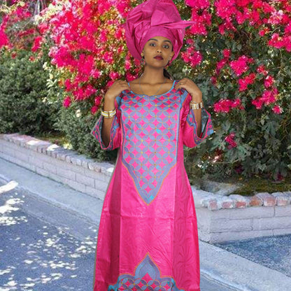 TIDOIRSA African Dresses for Women, 3/4 Sleeves Embroidery Dress With Scarf (4XL, Pink)