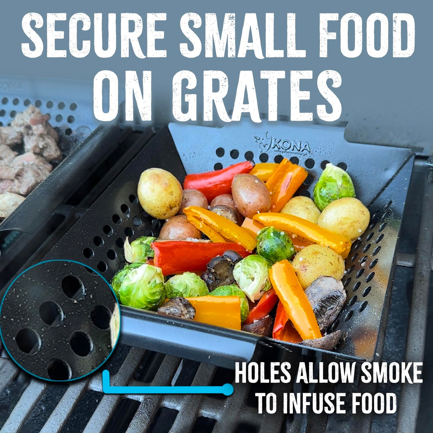 Kona Grill Grilling Basket Set - Premium Accessories for Outdoor Grill - Perfect for Veggies and More! Enhance Your BBQ Experience with this Heavy-Duty Grill Basket - Includes Bonus Gift: Wooden