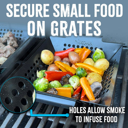 Kona Grill Grilling Basket Set - Premium Accessories for Outdoor Grill - Perfect for Veggies and More! Enhance Your BBQ Experience with this Heavy-Duty Grill Basket - Includes Bonus Gift: Wooden