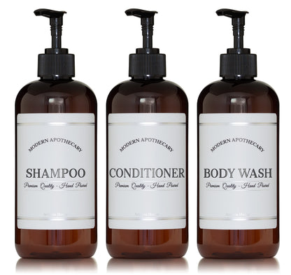 Amber Refillable Shampoo and Conditioner Bottles - Body Wash, Shampoo and Conditioner Dispenser - PET Plastic Shampoo Bottles Refillable with Pump - Waterproof Labels - 16 oz, 3 Pack (Black Plastic)