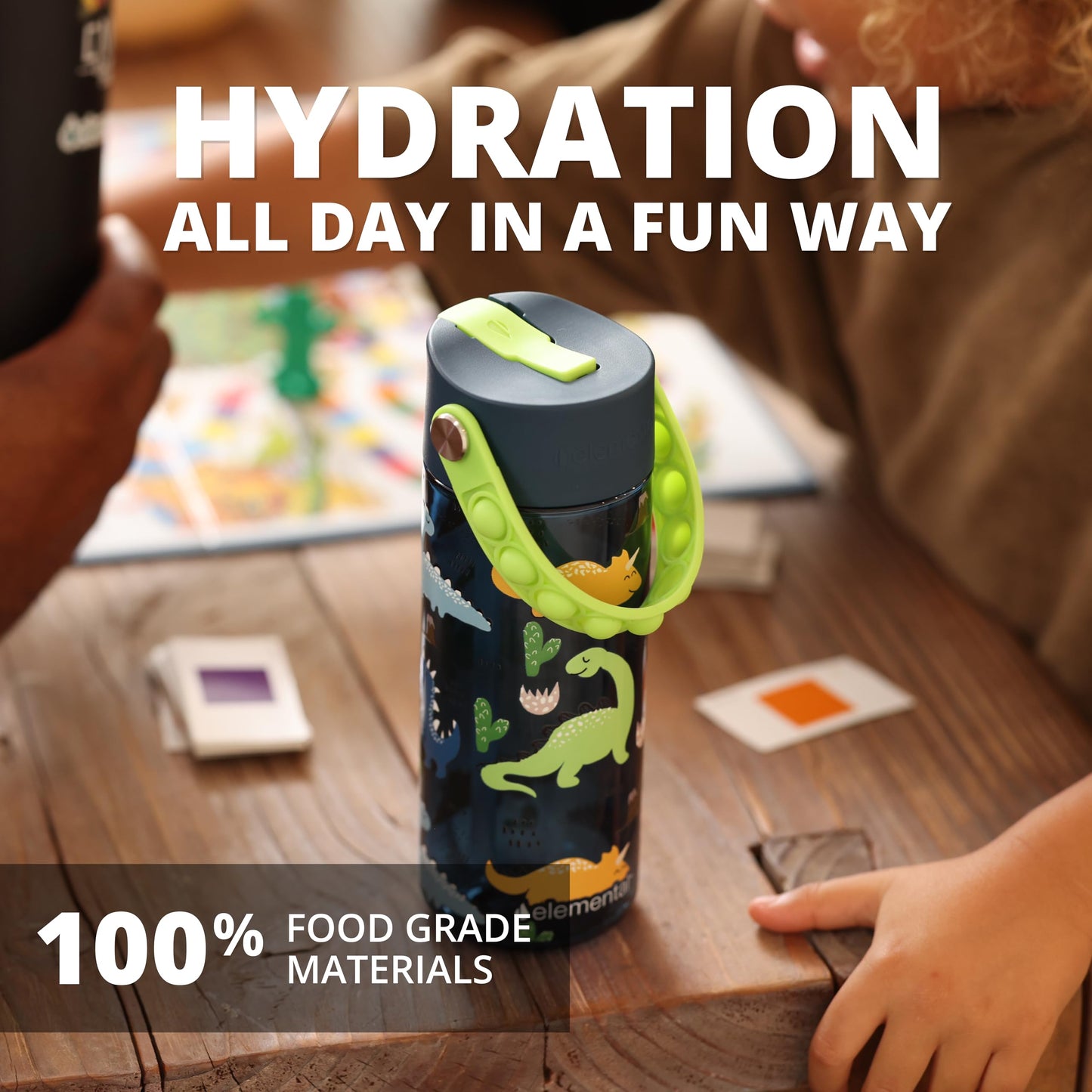 Elemental Leak Proof Water Bottles for Kids - Splash Kids Water Bottle for School with Pop-it Handle - BPA Free Tritan Plastic Reusable Water Bottle with Straw - Dinosaur - 18oz