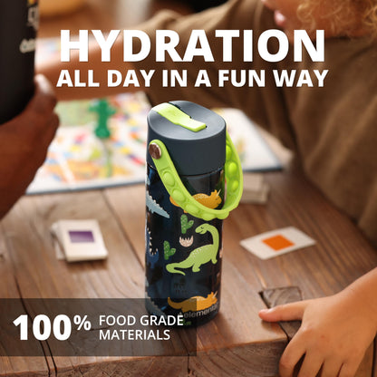 Elemental Leak Proof Water Bottles for Kids - Splash Kids Water Bottle for School with Pop-it Handle - BPA Free Tritan Plastic Reusable Water Bottle with Straw - Dinosaur - 18oz