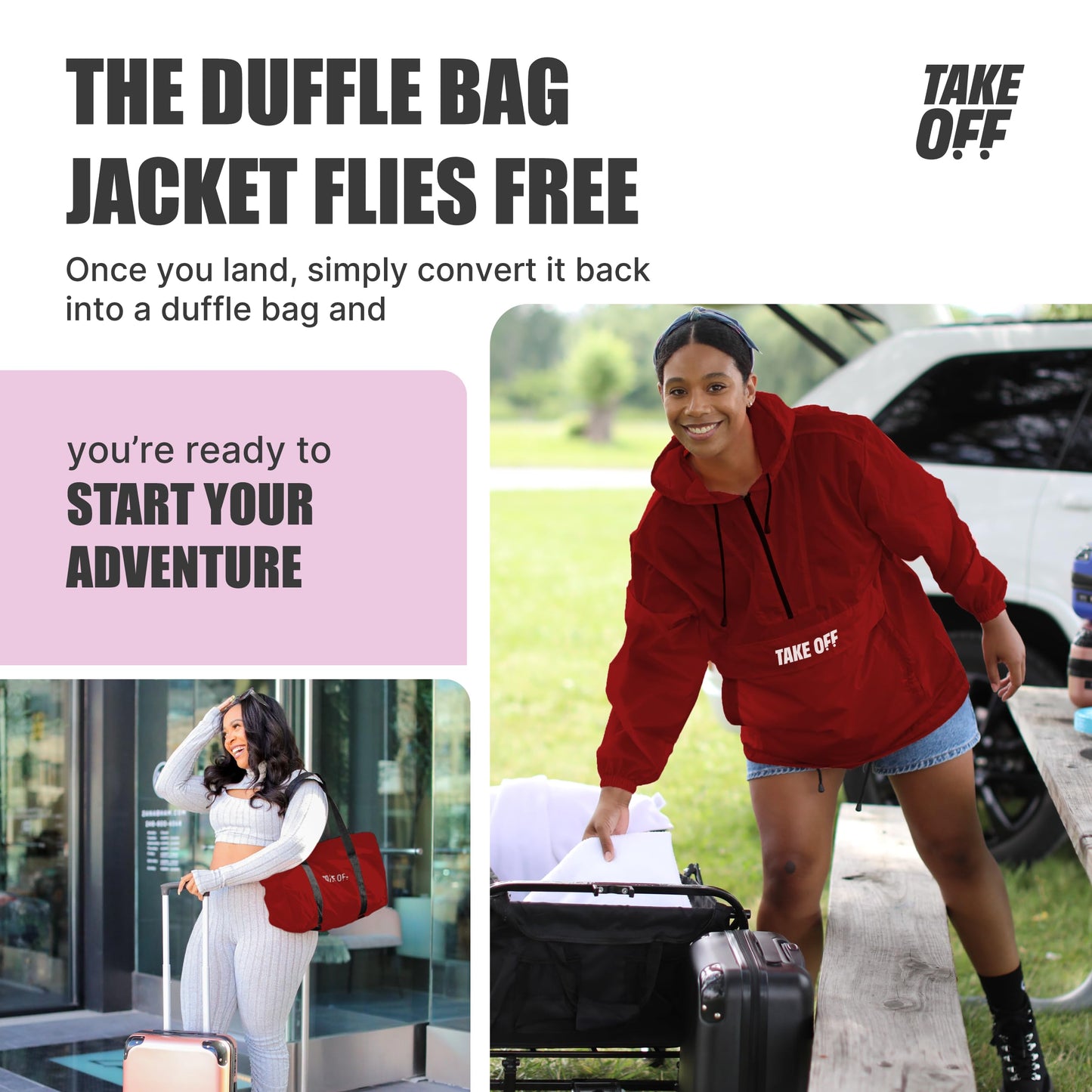TAKE OFF Luggage - 3 in 1 Duffle Bag, Large Pocket Jacket or Pouch, Lightweight Oversized Windbreaker, Convertible Waterproof Garment, Personal Item & Carry On Accessories for Travel Essentials, Red
