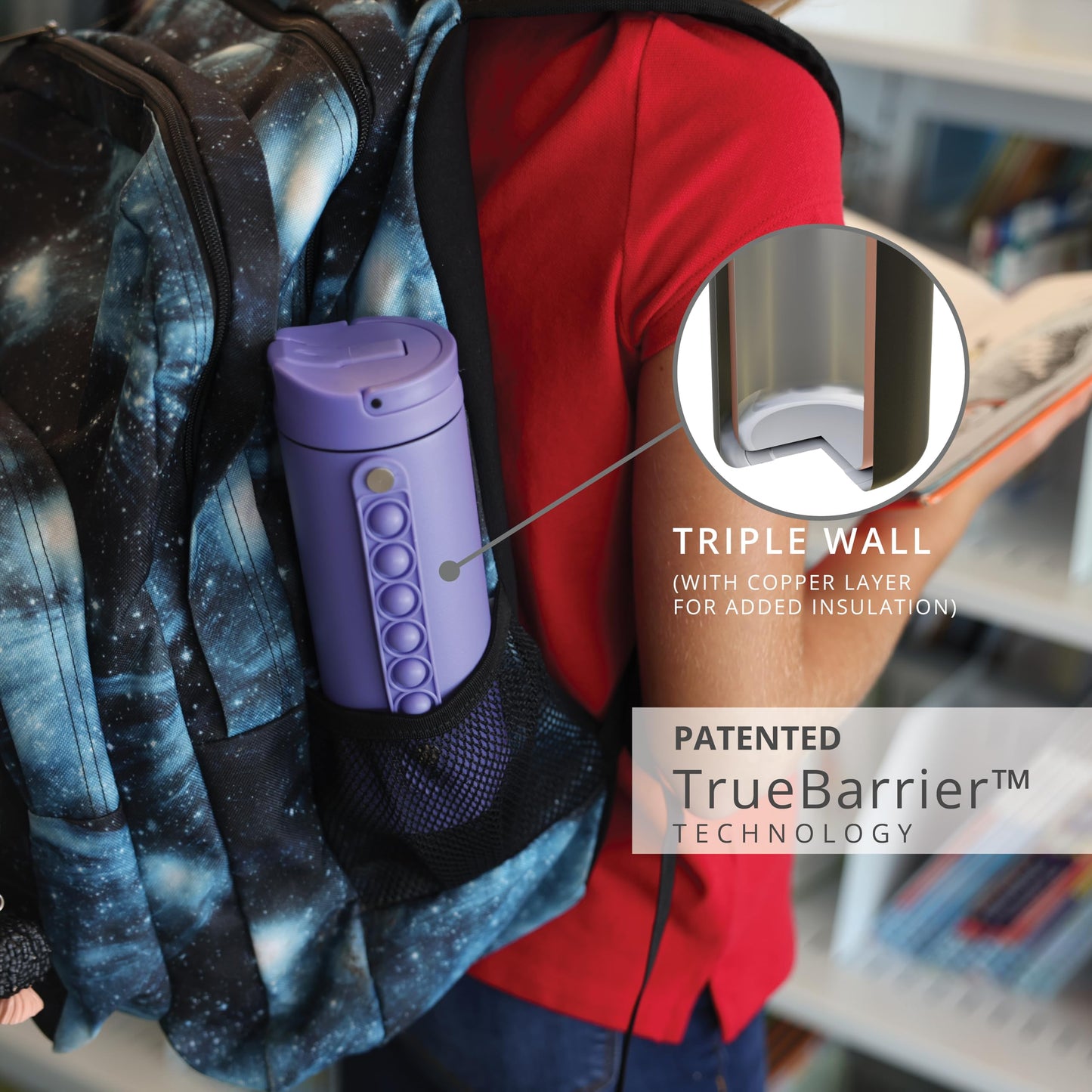 Elemental Iconic Kids Water Bottle with Straw Lid & Stress Relief Pop It Handle, Leak-Proof When Closed, Triple Insulated Kids Stainless Steel Water Bottle For Girls and Boys, 14oz - Lavender