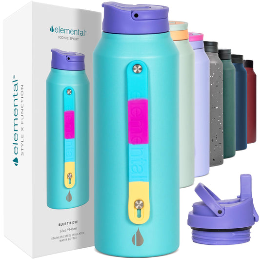 Elemental Iconic Stainless Steel Water Bottle with Straw - 32 oz Leak Proof Triple Wall Insulated Water Bottles for Travel and Sports - Reusable Gym Water Bottle with 2 Straws - Blue Tie Dye