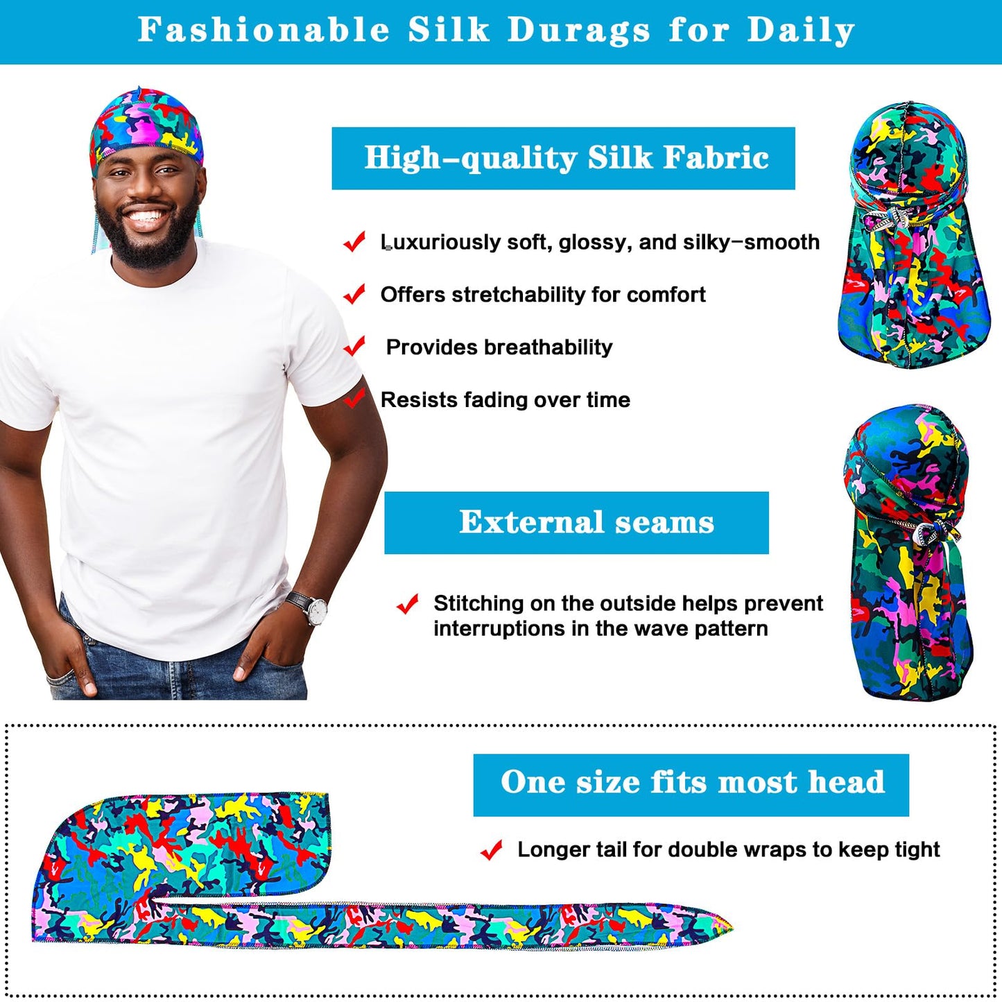 3Pcs Silk Durag for Men Designer Durag for Women Camouflage Silky Cap Rags Hip Hop Turban Hair Wrap for Sleeping Dorag