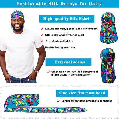 3Pcs Silk Durag for Men Designer Durag for Women Camouflage Silky Cap Rags Hip Hop Turban Hair Wrap for Sleeping Dorag