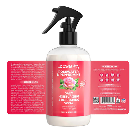 Locsanity Rosewater & Peppermint Daily Moisturizing Spray Dreadlock, Sisterlocks, Microlocks, Locs 12oz Bottle