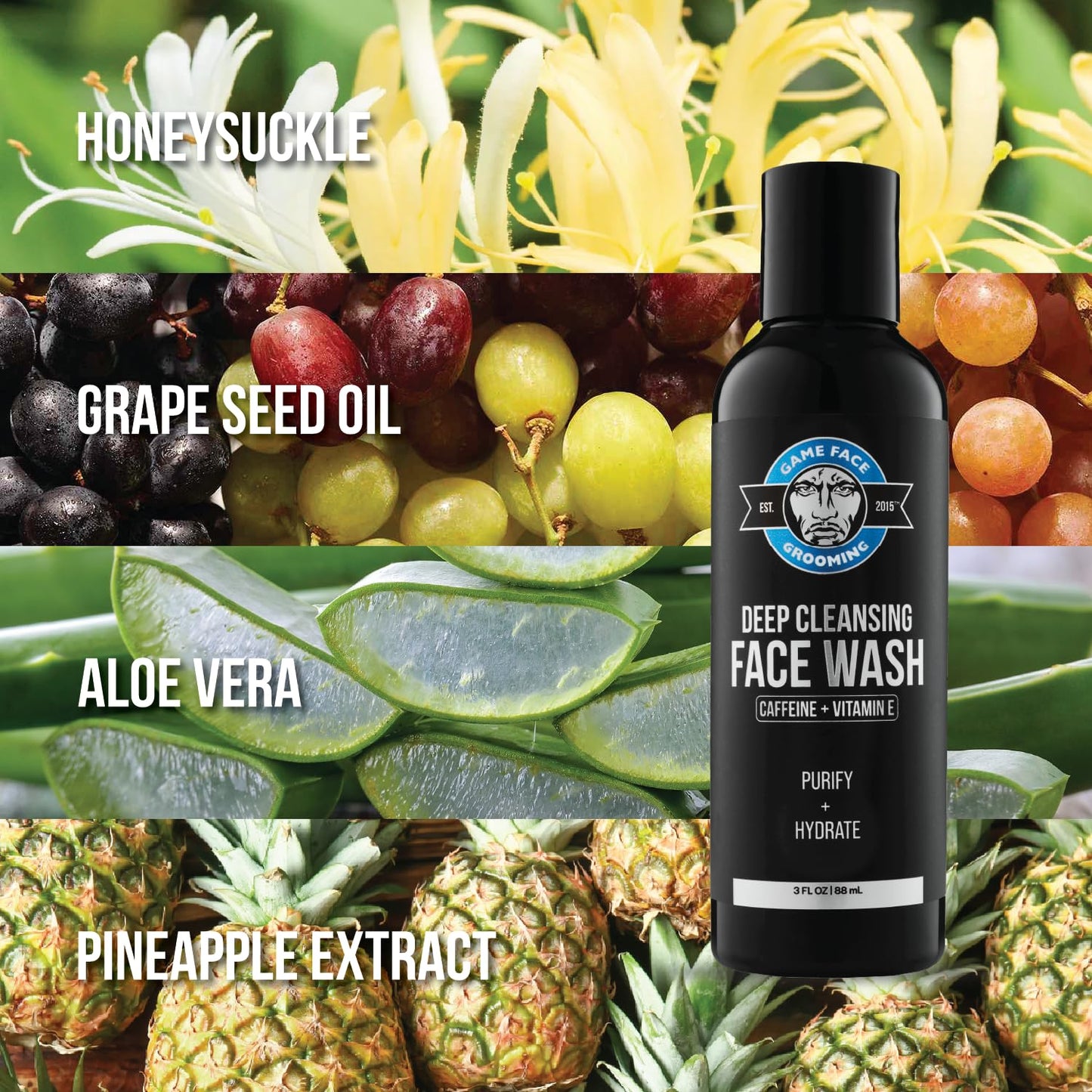 Game Face Grooming Men’s Face Wash - Deep Cleansing Face Wash with Caffeine and Vitamin E | Glycerin, Honeysuckle, Aloe Vera, & Grape Seed Oil |Purify and Hydrate Your Skin | 3 Fl Oz