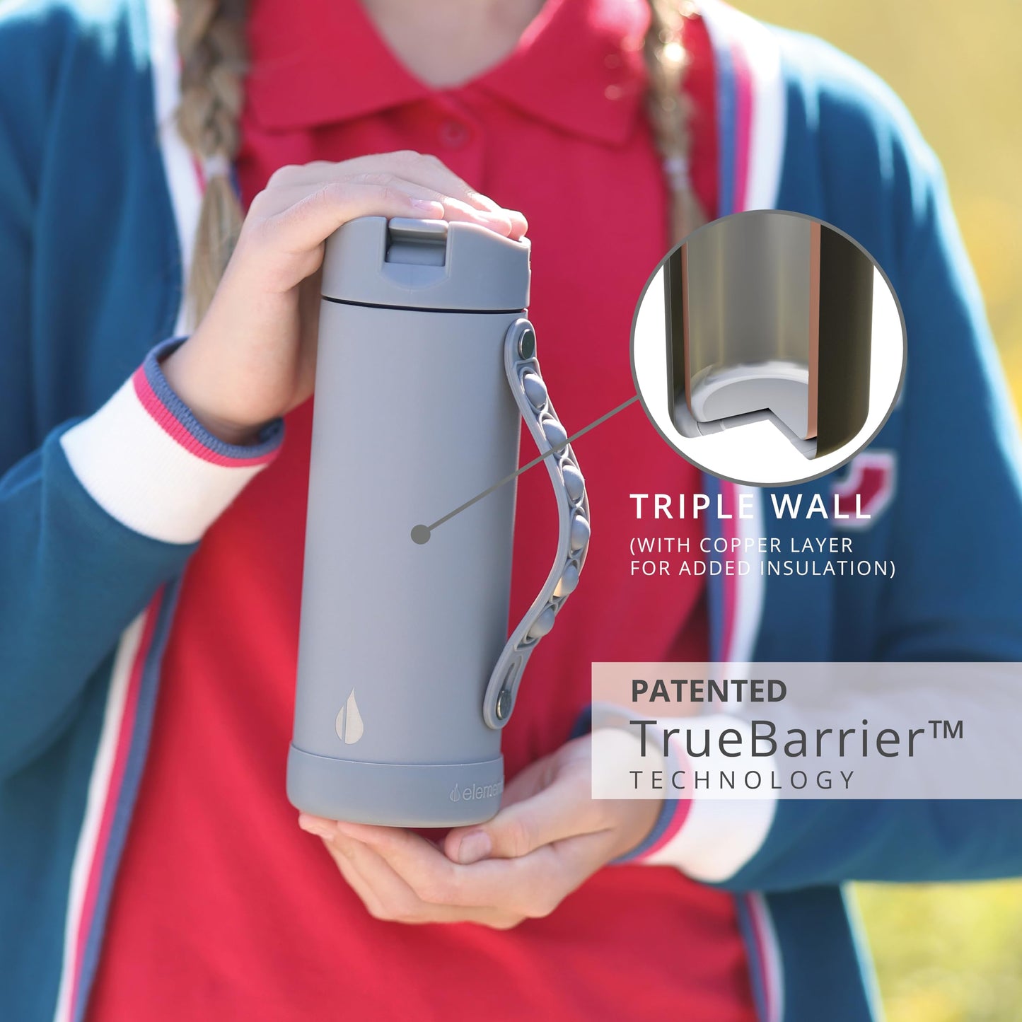 Elemental Iconic Kids Water Bottle with Straw Lid & Stress Relief Pop It Handle, Leak-Proof When Closed, Triple Insulated Kids Stainless Steel Water Bottle For Girls and Boys, 14oz - Graphite