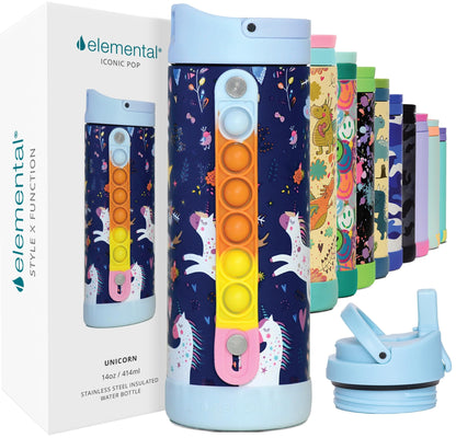 Elemental Iconic Kids Insulated Water Bottle with Straw Lid & Stress Reliever Pop-It Handle, Leak-Proof When Closed Water Bottle Kids - Stainless Steel Water Bottle For Kids, 14oz - Unicorn