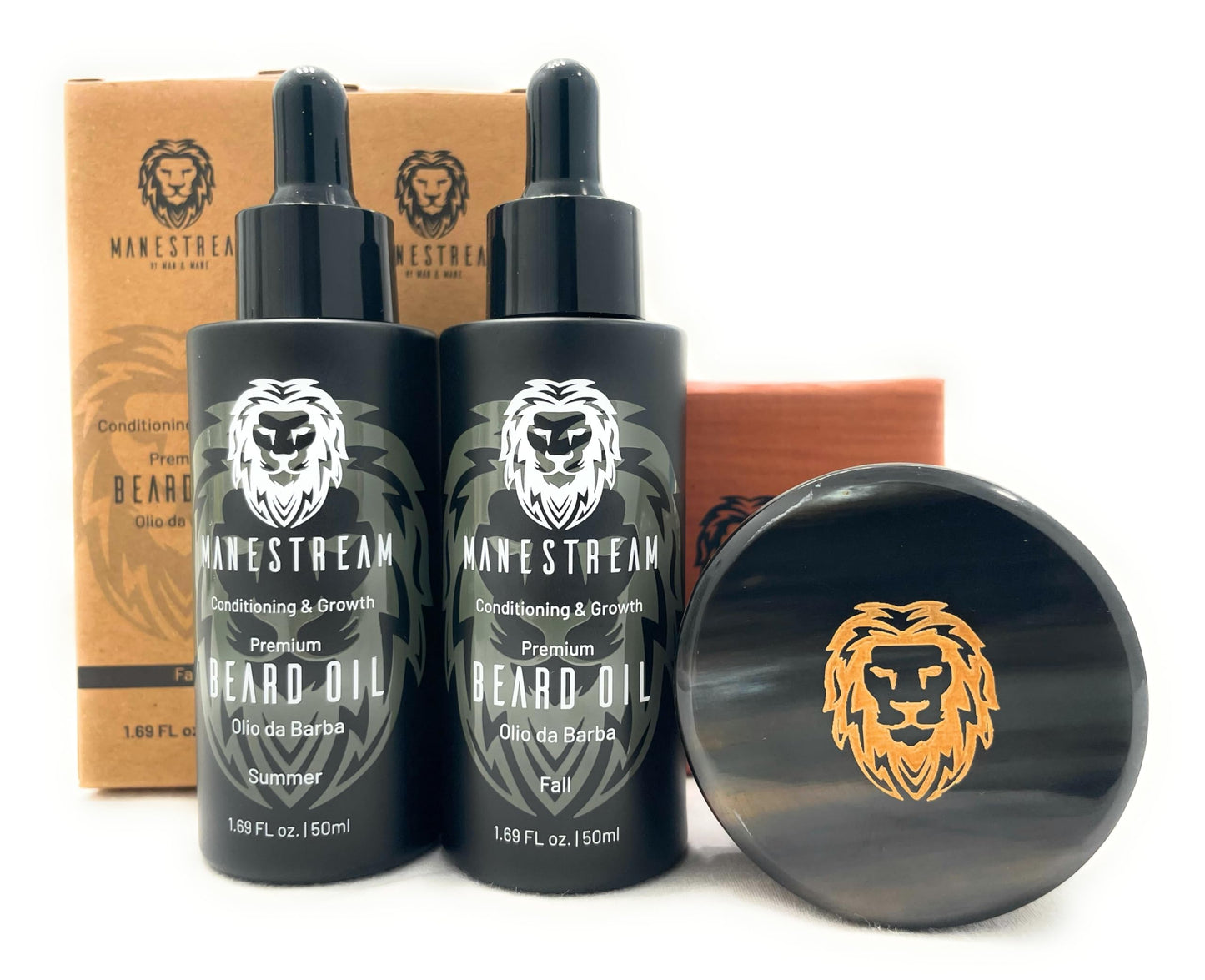 Premium Handmade Round Oxhorn Medium Stiff Natural Boar Bristle Men’s Travel Brush with Beard Oils - Sandalwood | Orange