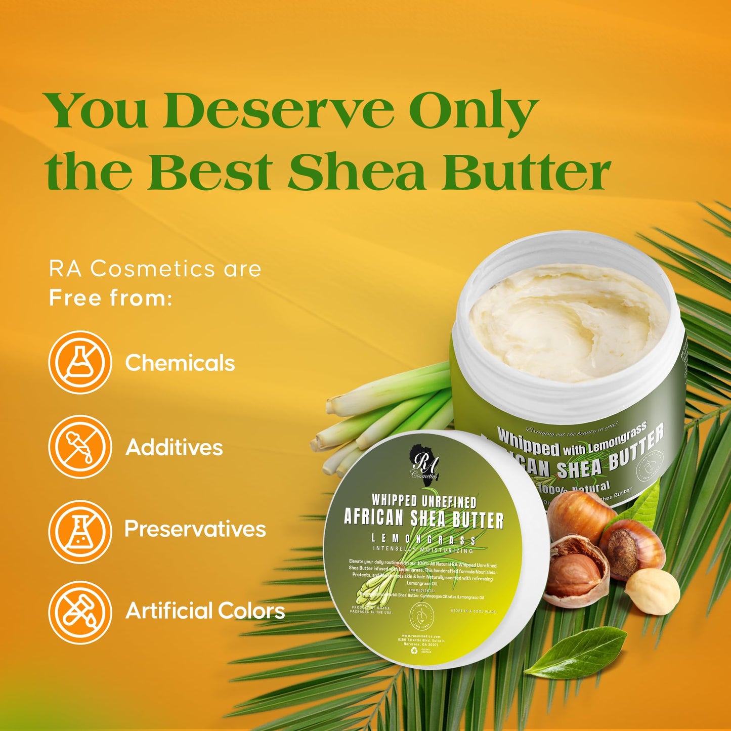 RA COSMETICS Whipped Shea Butter Lemongrass - 100% Pure and Natural African Shea Butter - Handcrafted Moisturizer with Essential Vitamins for Radiant Skin and Luscious Hair - 12oz Jar